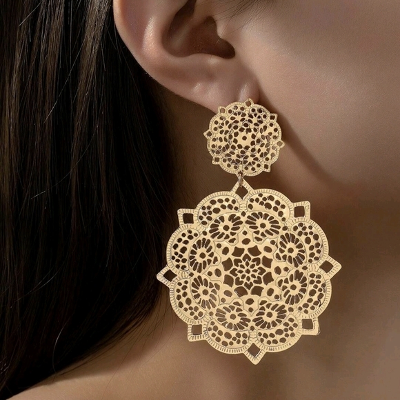 Gold Filigree Statement Earrings - Picture 2 of 2